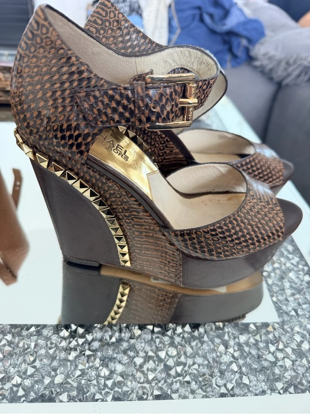 Michael Kors Brown Snake-Print Studded Wedge Sandals